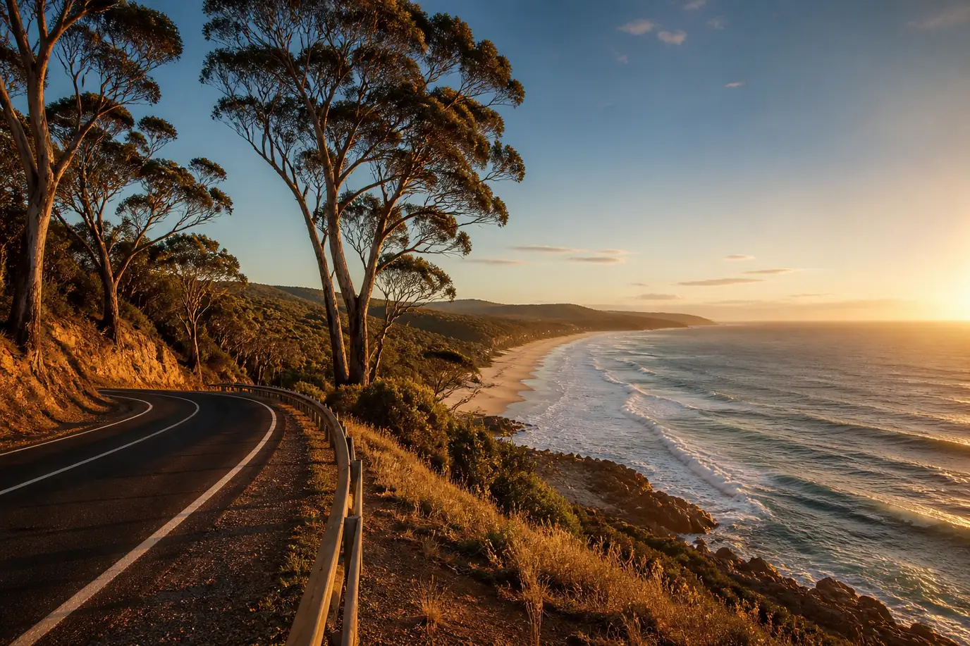 Australian coastal road at golden hour