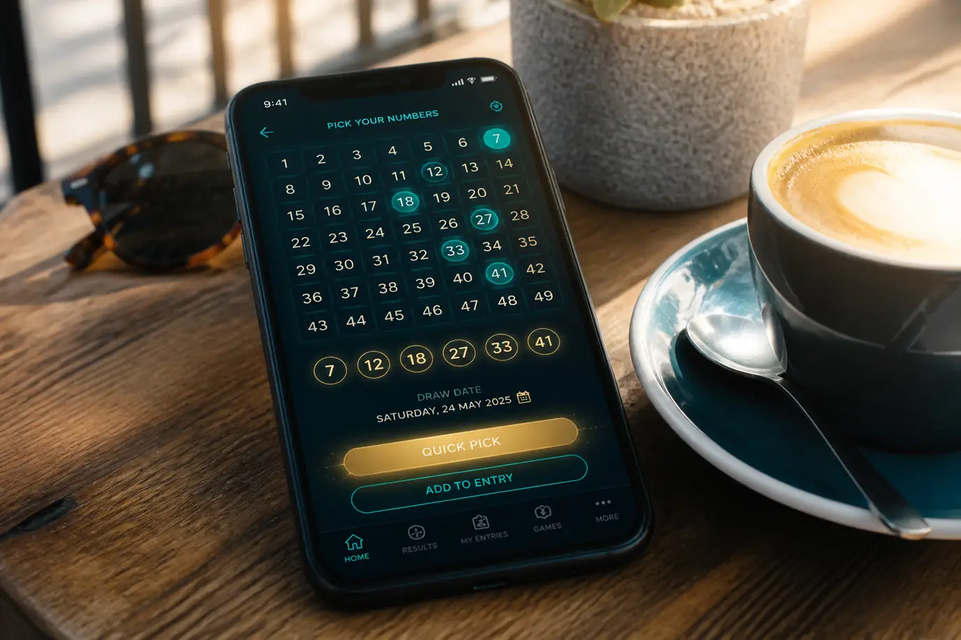 Phone on a cafe table showing an illustrative lottery number grid
